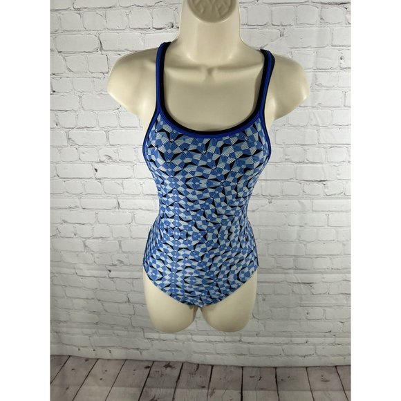 Dolfin Blue White Geometric Backless Racerback One Piece Competition Swimsuit 30 - Picture 1 of 8